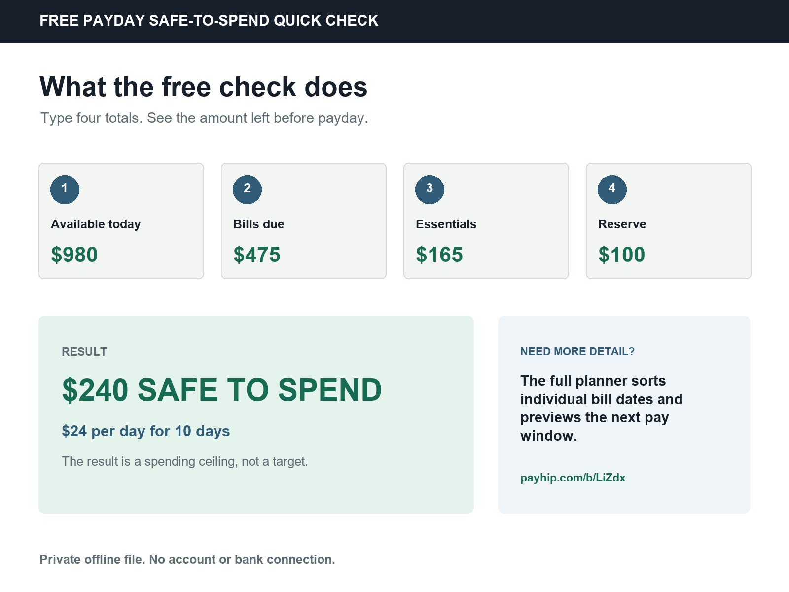Preview of the offline Safe-to-Spend Quick Check showing a sample result