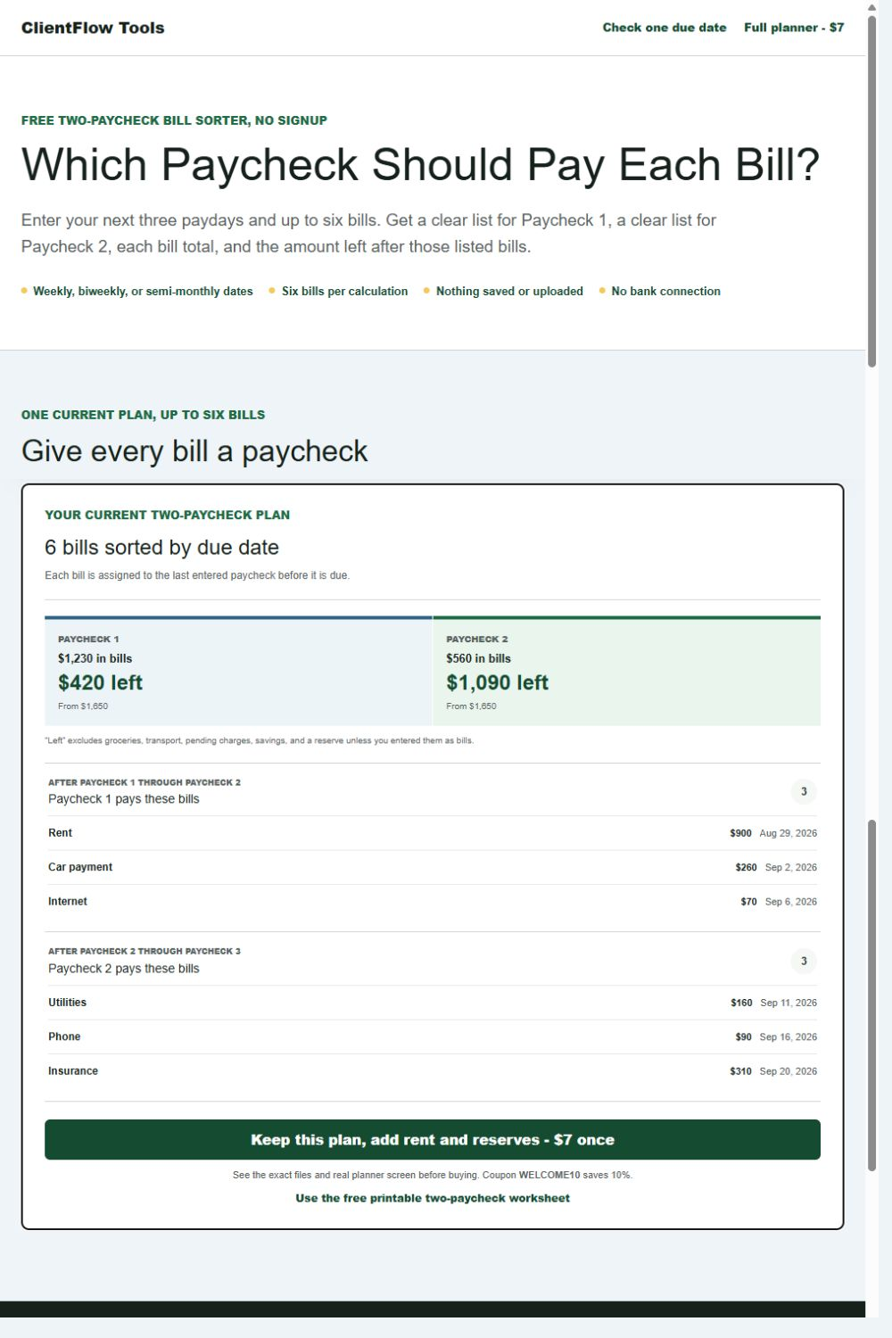 Free bills-by-paycheck calculator showing six bills sorted into two paycheck windows