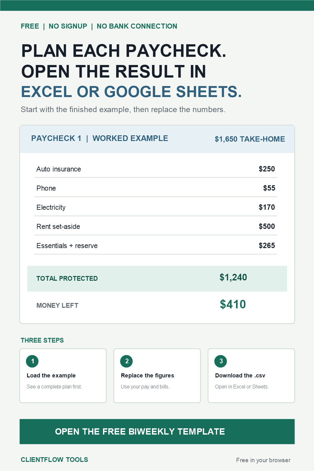 Free biweekly rent and bill template showing a filled paycheck example and spreadsheet download