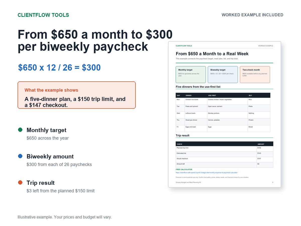 Actual Grocery Budget Kit example showing a 650 dollar monthly target, 300 dollars per biweekly paycheck, and a 147 dollar checkout