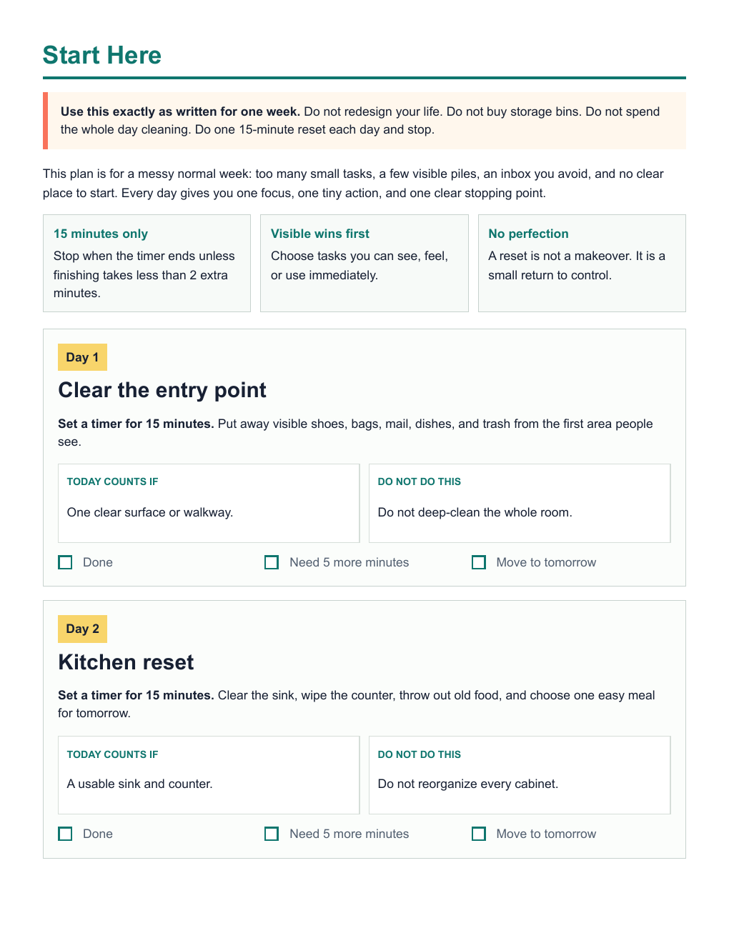 Actual pages from the 7-Day Life Reset Plan showing the instructions and Day 1 entryway and Day 2 kitchen reset tasks