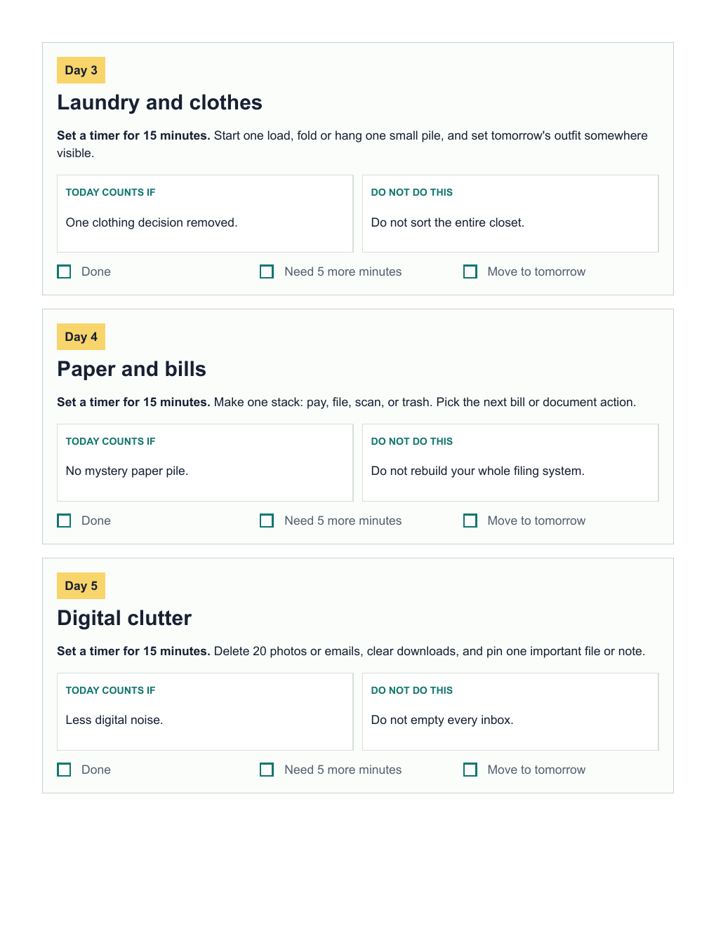 Actual pages from the 7-Day Life Reset Plan showing Day 3 laundry, Day 4 paper and bills, and Day 5 digital clutter tasks