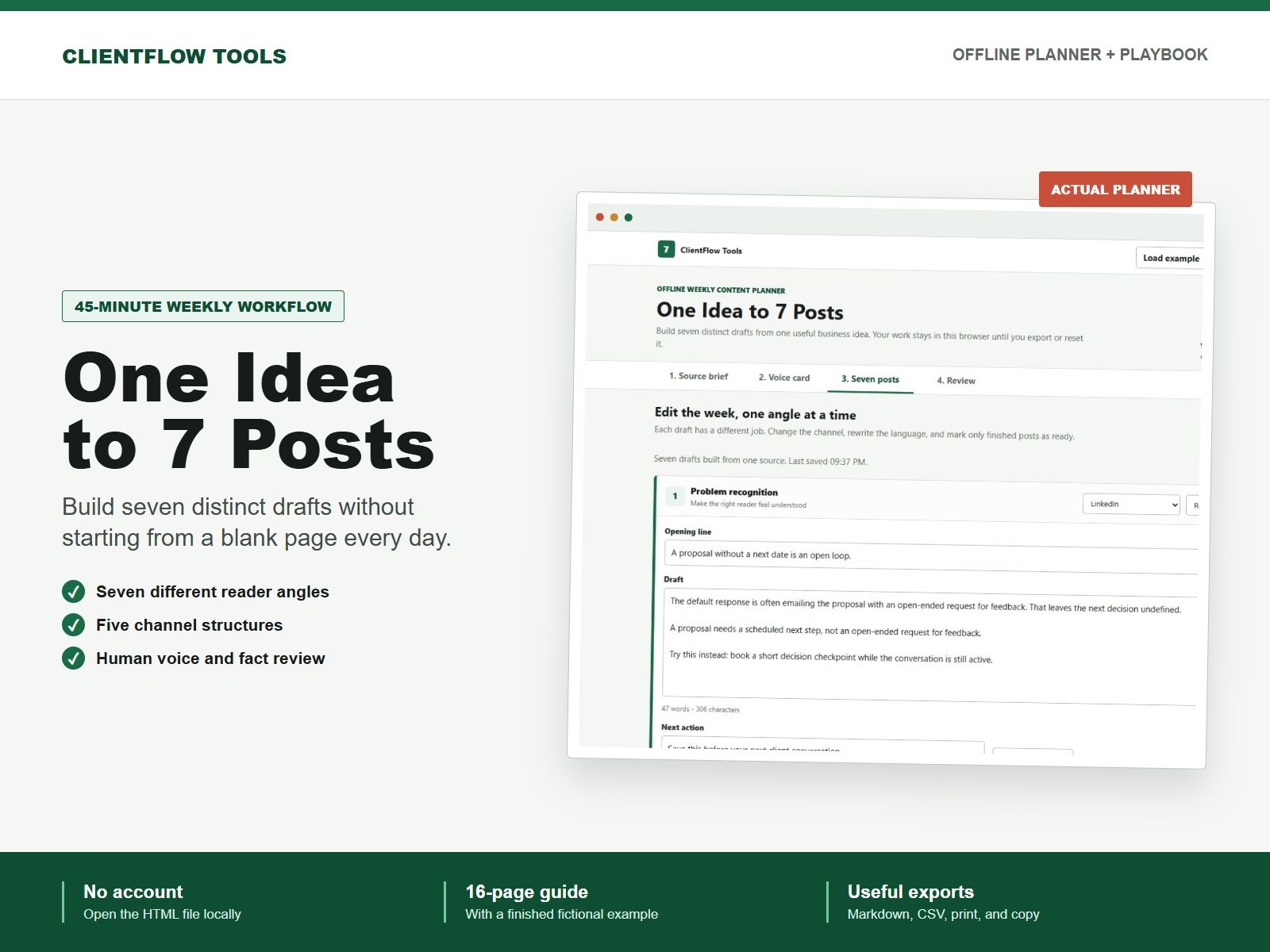 Actual One Idea to 7 Posts offline planner with seven editable post drafts