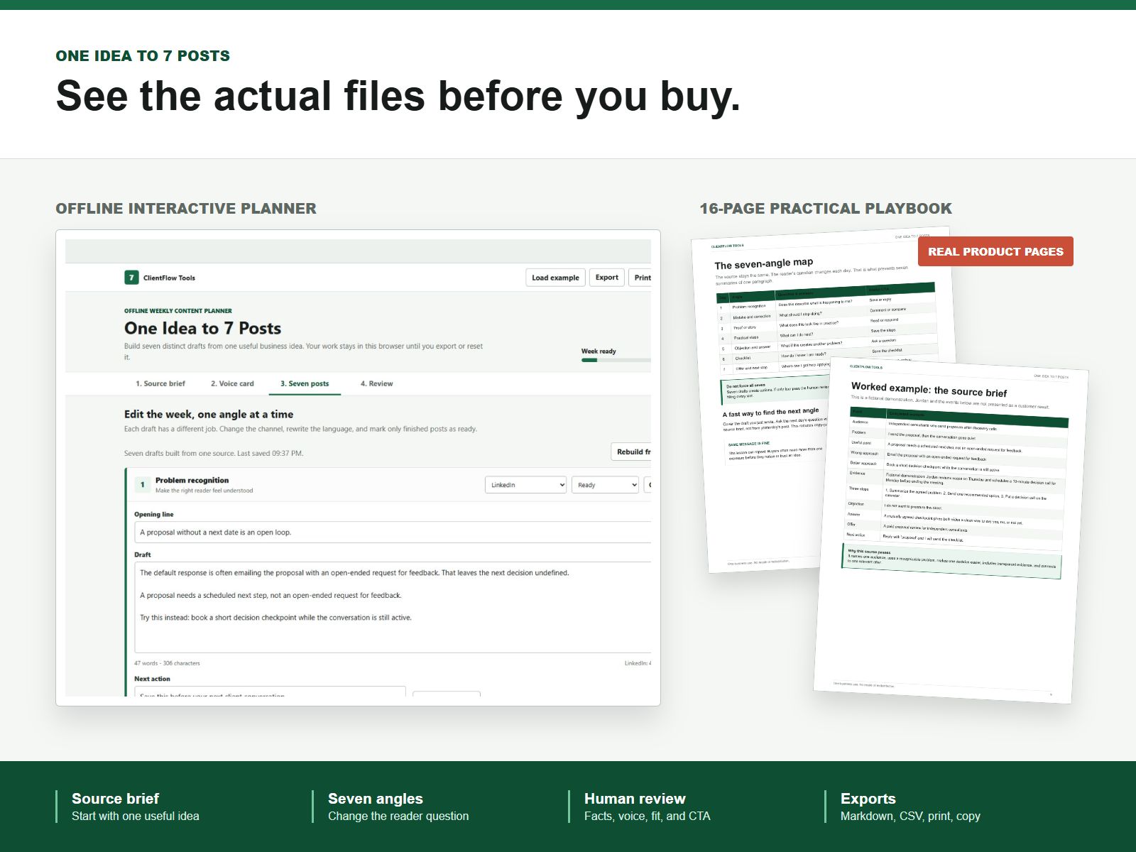Actual files inside One Idea to 7 Posts including the offline planner and real playbook pages