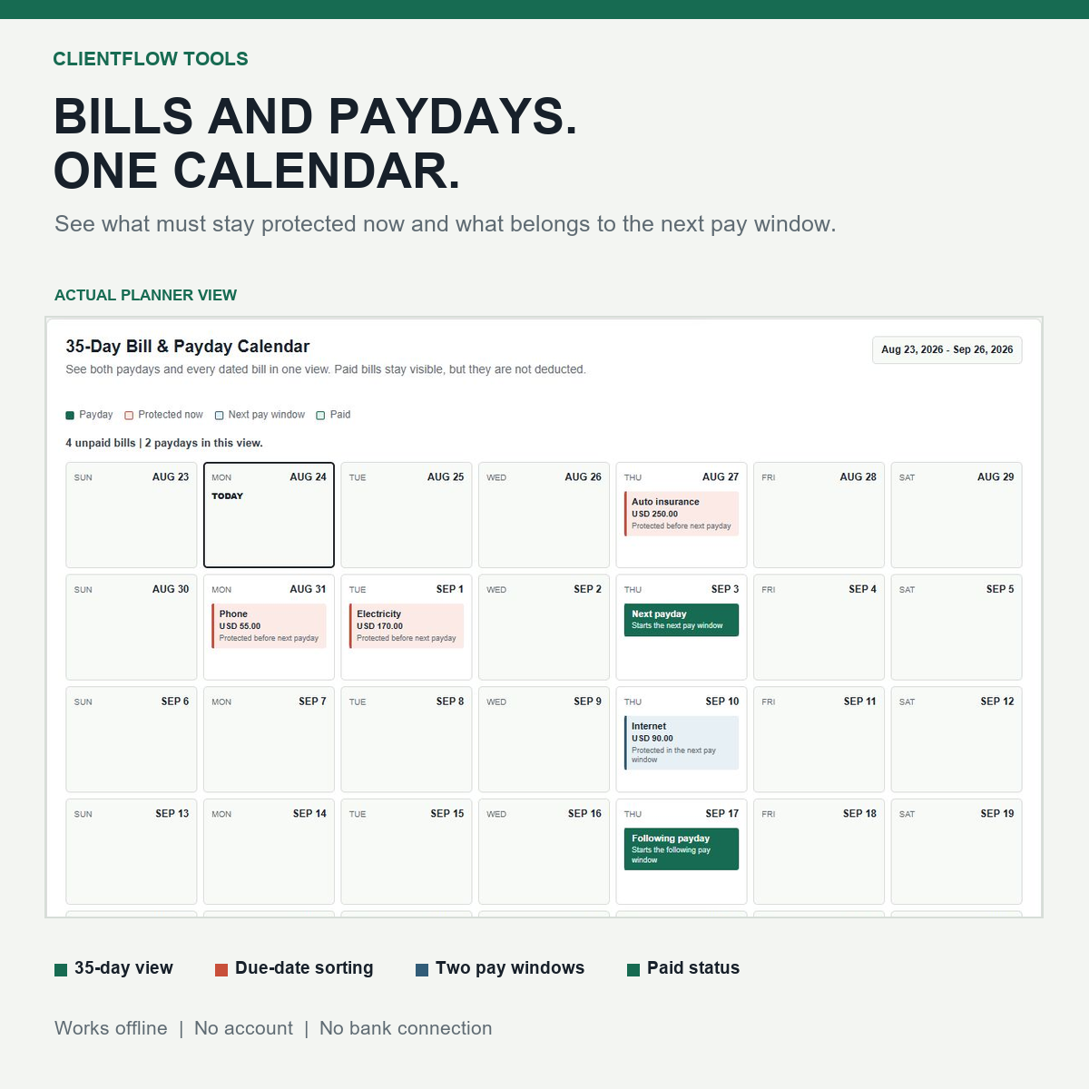 Actual 35-day Paycheck Bill Planner calendar showing current and next pay windows