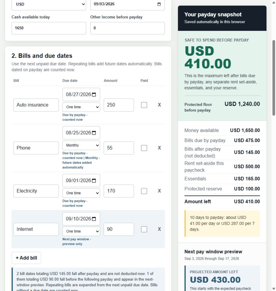 Actual Paycheck Bill Planner screen showing a monthly bill repeat control and safe-to-spend result