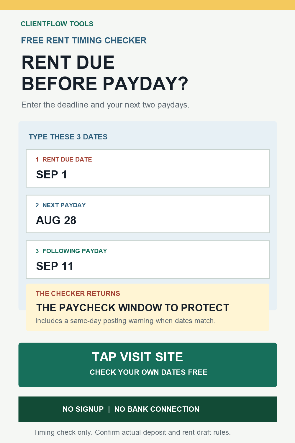 Three-date rent timing checker asking for the rent due date and two paydays